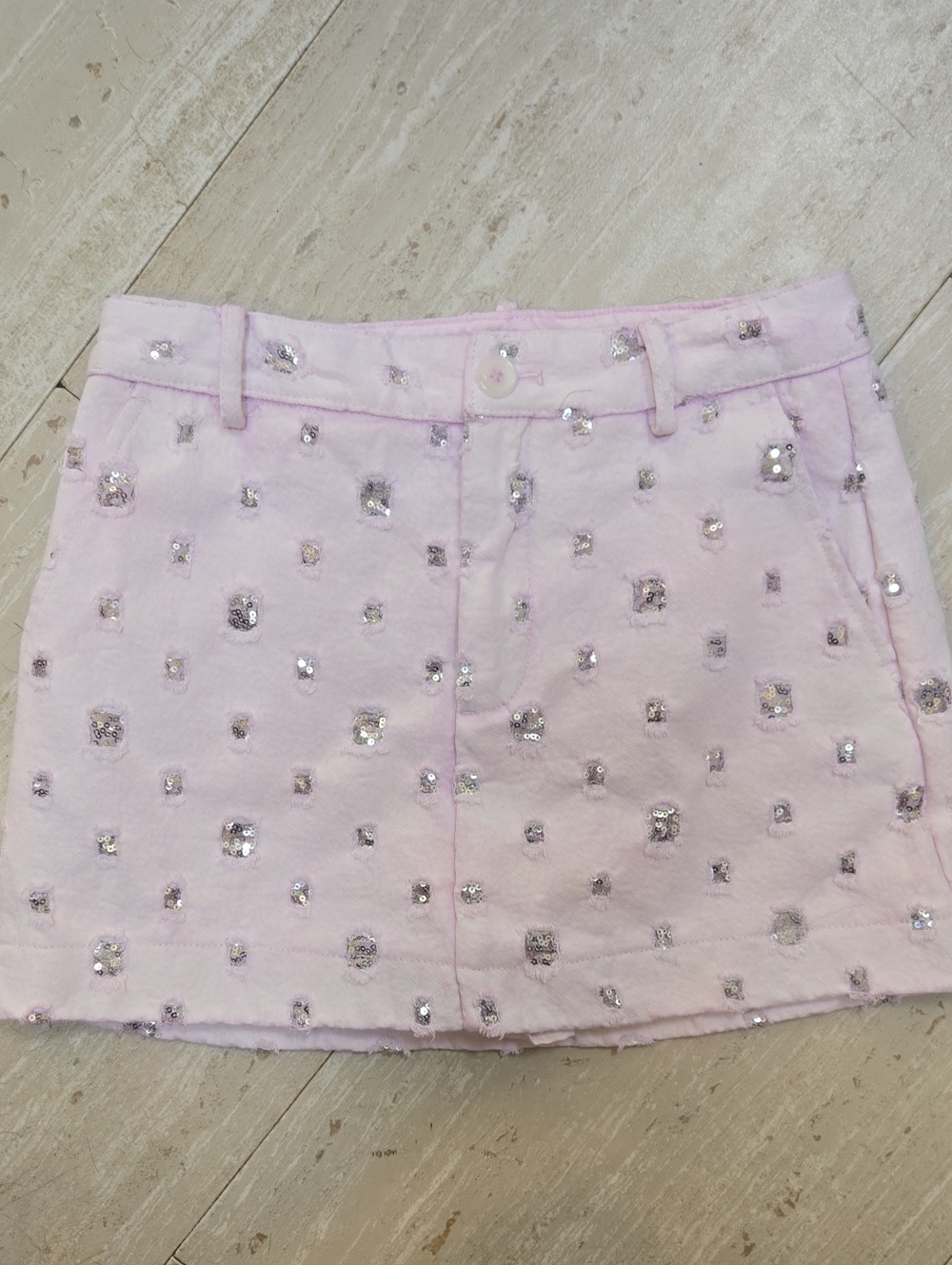 ZARA Light Pink Sequin Accents Distressed Skort - Picture 1 of 8